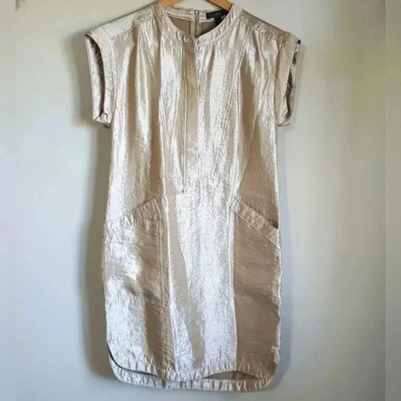 J. Crew Champagne Gold  Metallic Stealth High & Low hem  Shirt dress Sz 8 - Picture 3 of 10